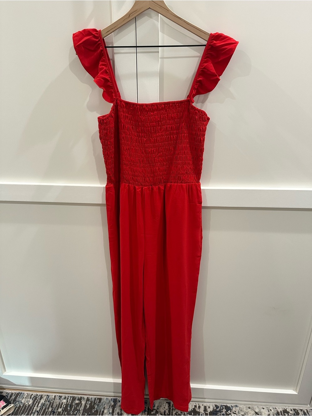 Hello Color Red Smocked Jumpsuit with Ruffle Adjustable Straps
